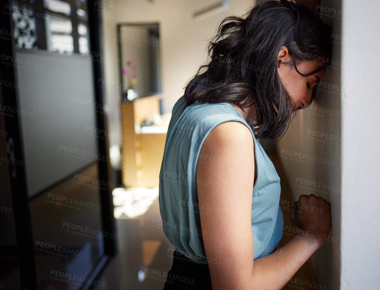 Buy stock photo Business woman, office and crying by wall with depression, sad or bad news with grief at company. Person, worry and frustrated with mental health, anxiety or lost job in workplace at insurance agency