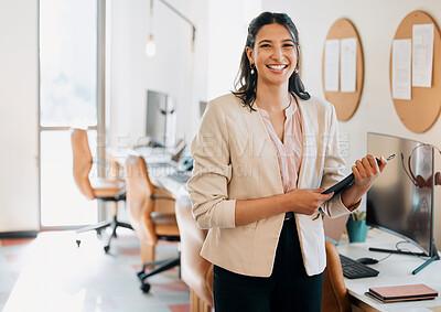 Buy stock photo Business, smile and portrait of woman with tablet for connection, online schedule or planning in office. Pride, confidence and happy businesswoman with website on digital app for project management