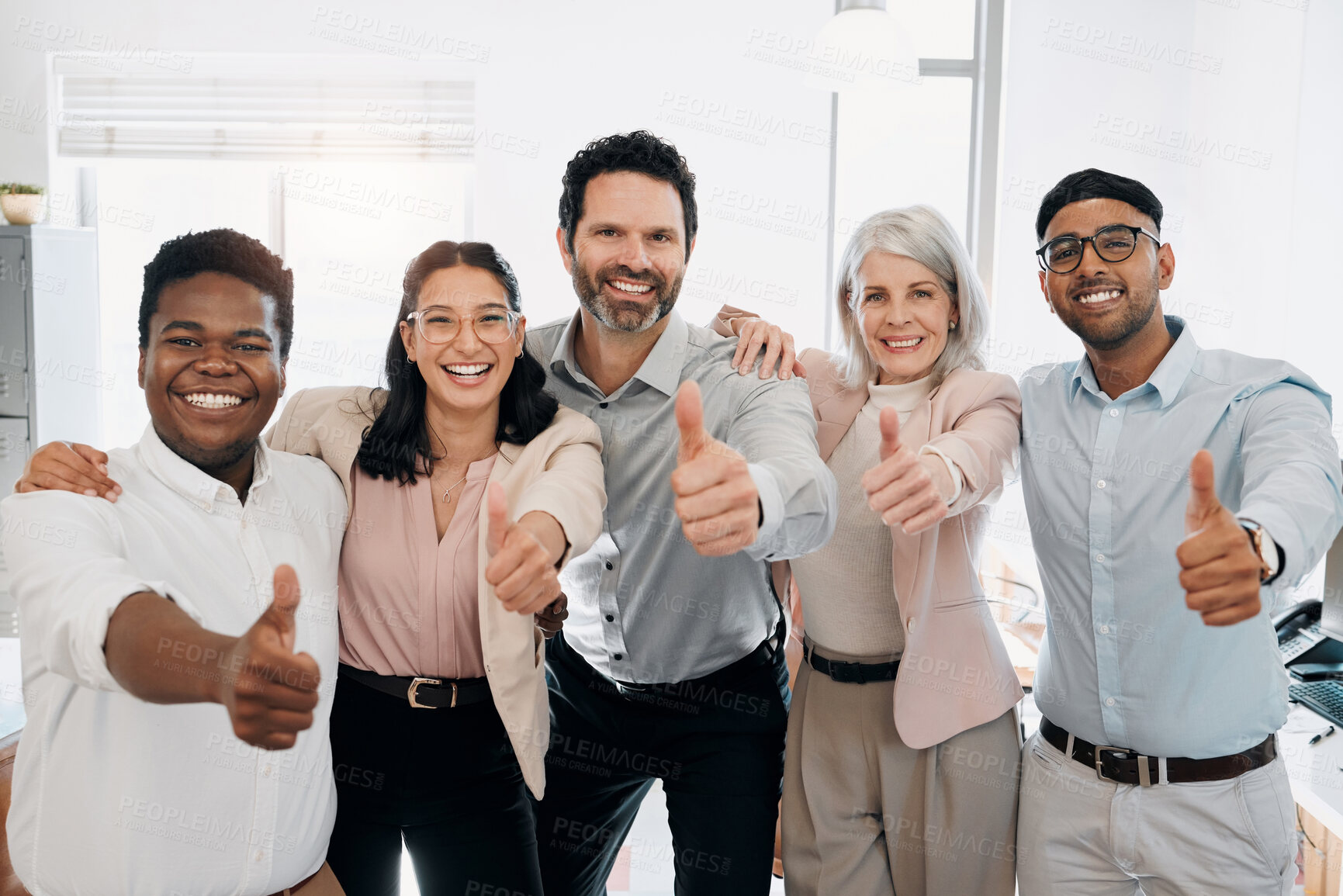 Buy stock photo Happy, portrait and business people with thumbs up for winning, team or collaboration at office. Group, employees or colleagues with smile, like emoji or yes sign for good job or review at workplace