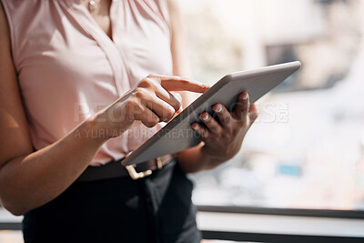 Buy stock photo Search, hands and business woman with tablet for connection, online schedule or planning in office. Networking, communication and businesswoman with research on digital app for project management