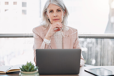 Buy stock photo Business, portrait and mature woman on laptop working online for project review, research or internet. Professional, corporate manager and person on computer for proposal, company report and planning