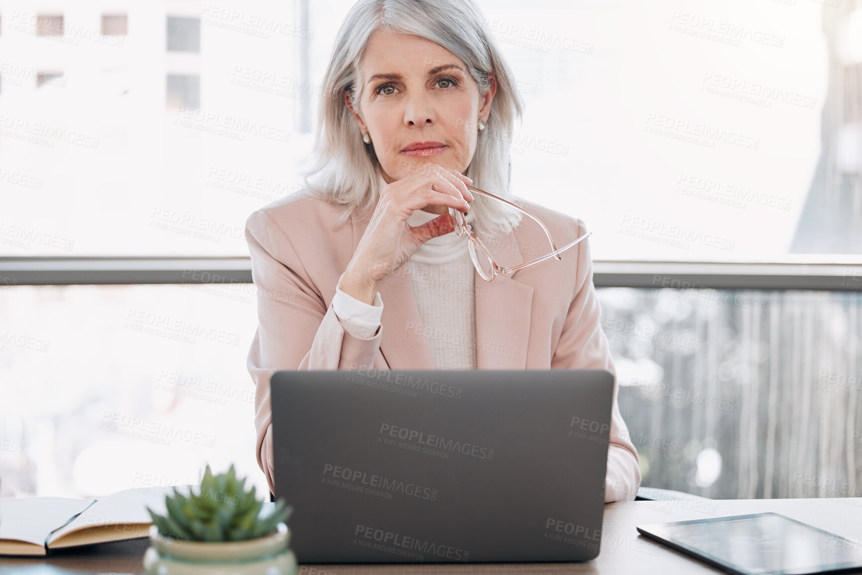 Buy stock photo Business, portrait and mature woman on laptop working online for project review, research or internet. Professional, corporate manager and person on computer for proposal, company report and planning