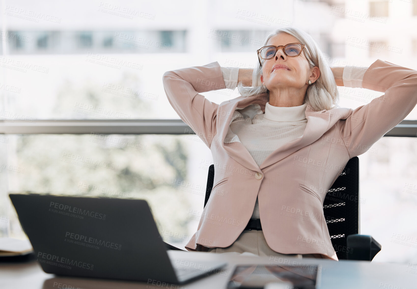 Buy stock photo Mature woman, relief and happy in office with laptop, reflection and done with project at company. Person, relax and thinking with smile, inspiration and insight with computer at insurance agency