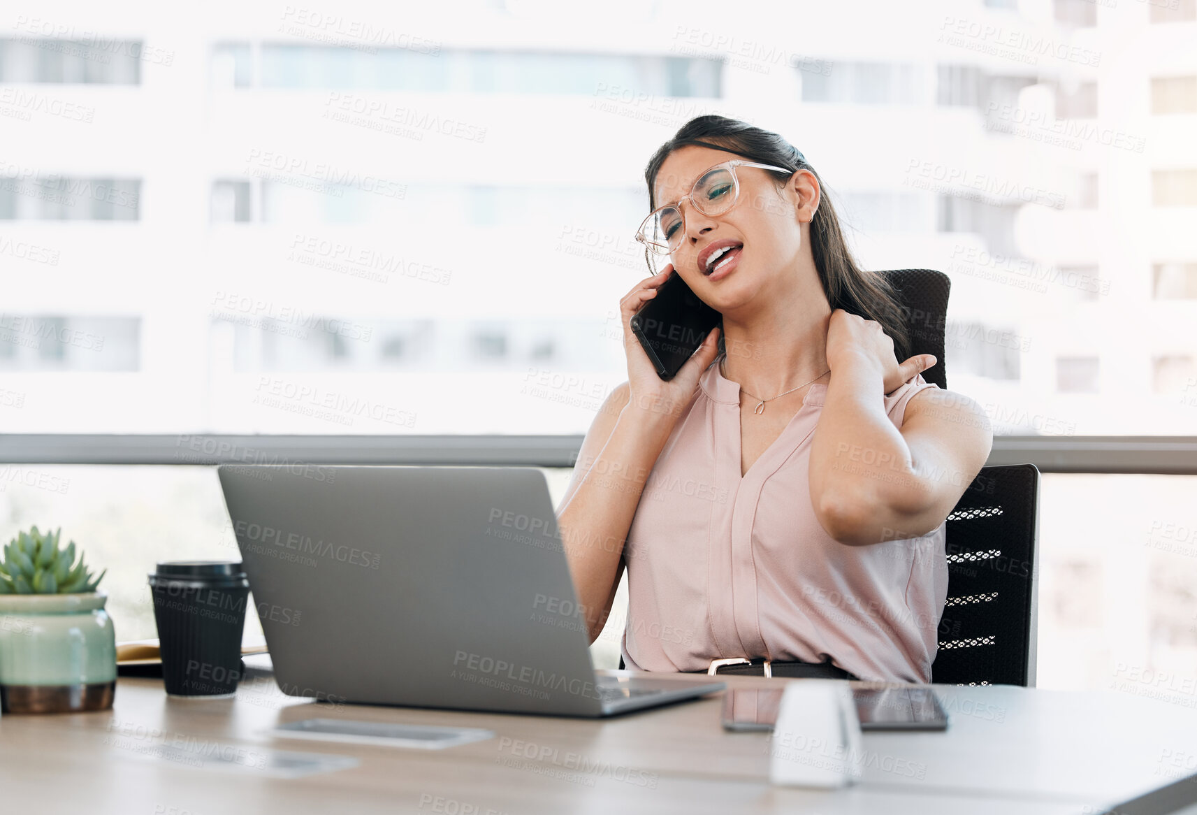 Buy stock photo Business, woman and phone call with neck pain of stress in office for corporate deadline, overworked or burnout. Professional, employee or contact client for project management, tension or frustrated