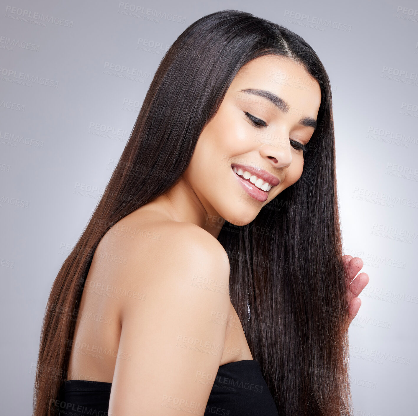 Buy stock photo Portrait, happy and woman with hair beauty in studio for healthy growth, keratin treatment or straight hairstyle aesthetic. Female person, wellness and collagen shine, cosmetics and white background