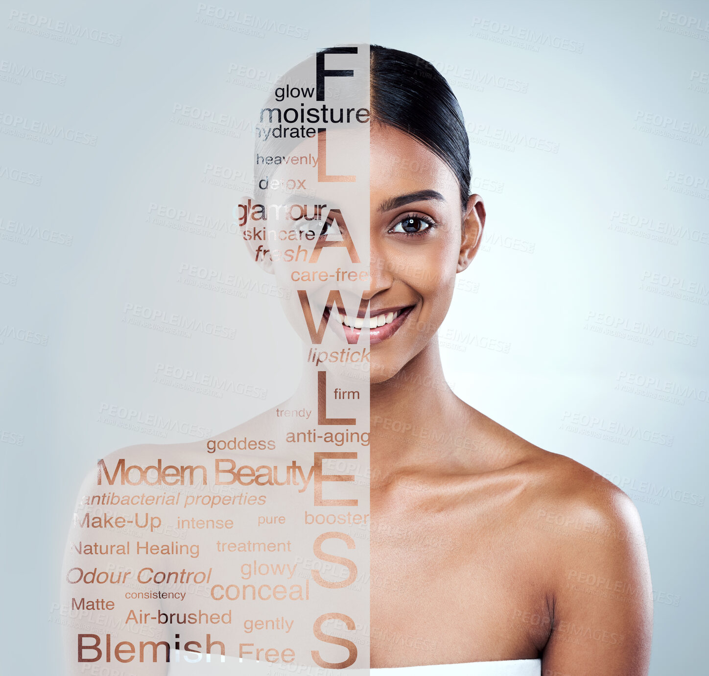 Buy stock photo Skincare, words and woman with portrait in studio for cosmetology, natural treatment or glowing skin on white background. Body, beauty and model for dermatology, cosmetics promotion or wellness