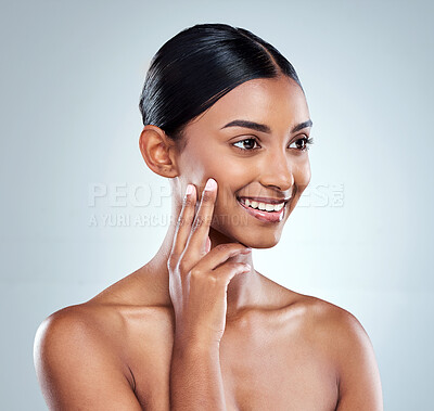 Buy stock photo Happy, beauty and woman or model with skincare cosmetic isolated in a studio white background with glow skin. Clean, natural and young female person hand on her face and smile for self love or care
