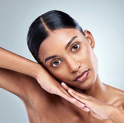 Buy stock photo Hands, portrait and skincare in studio with Indian woman, natural beauty and skin glow on white background. Dermatology, salon and face touch with cosmetics for glamour, spa treatment and wellness