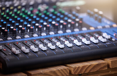 Buy stock photo Sound, board and amplifier mixer for music, volume or tone control, technology and broadcasting for equalizer or radio. Record equipment, production and engineering machine, media and entertainment.