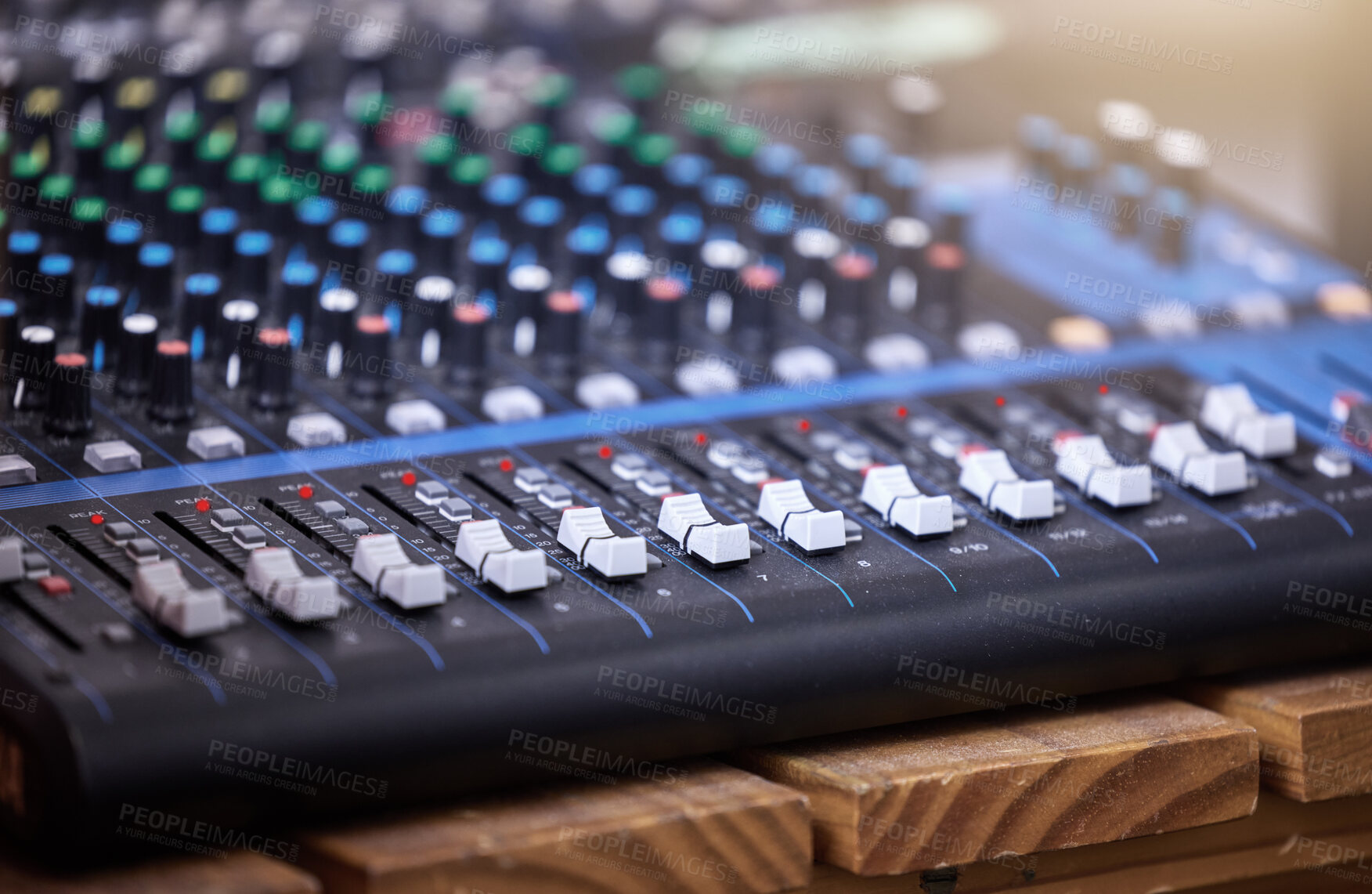 Buy stock photo Sound, board and amplifier mixer for music, volume or tone control, technology and broadcasting for equalizer or radio. Record equipment, production and engineering machine, media and entertainment.