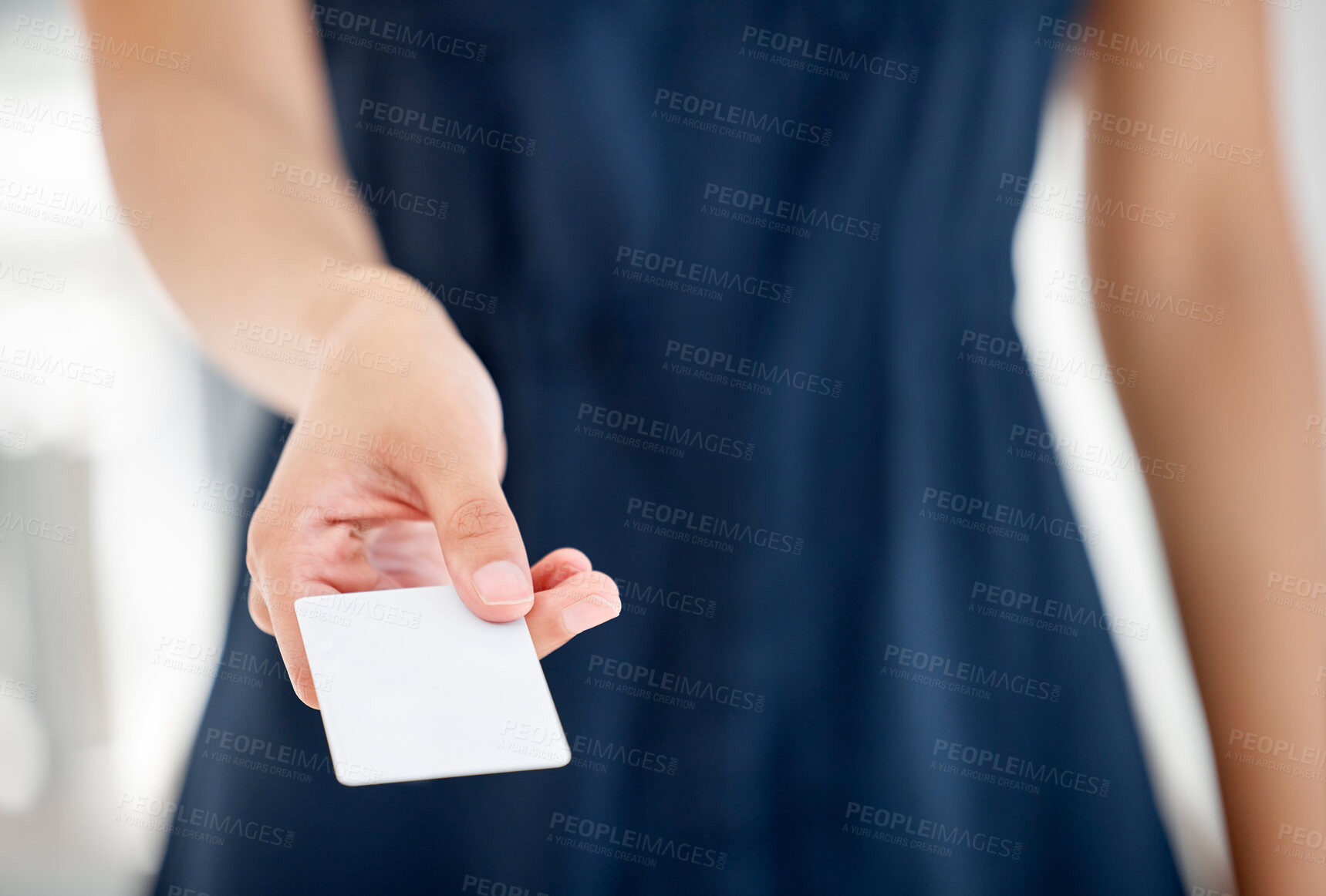 Buy stock photo Hand, offer and woman with business card in office for company contact information or referral. Mockup, giving and female person with blank space for paper ticket with career networking or promotion.