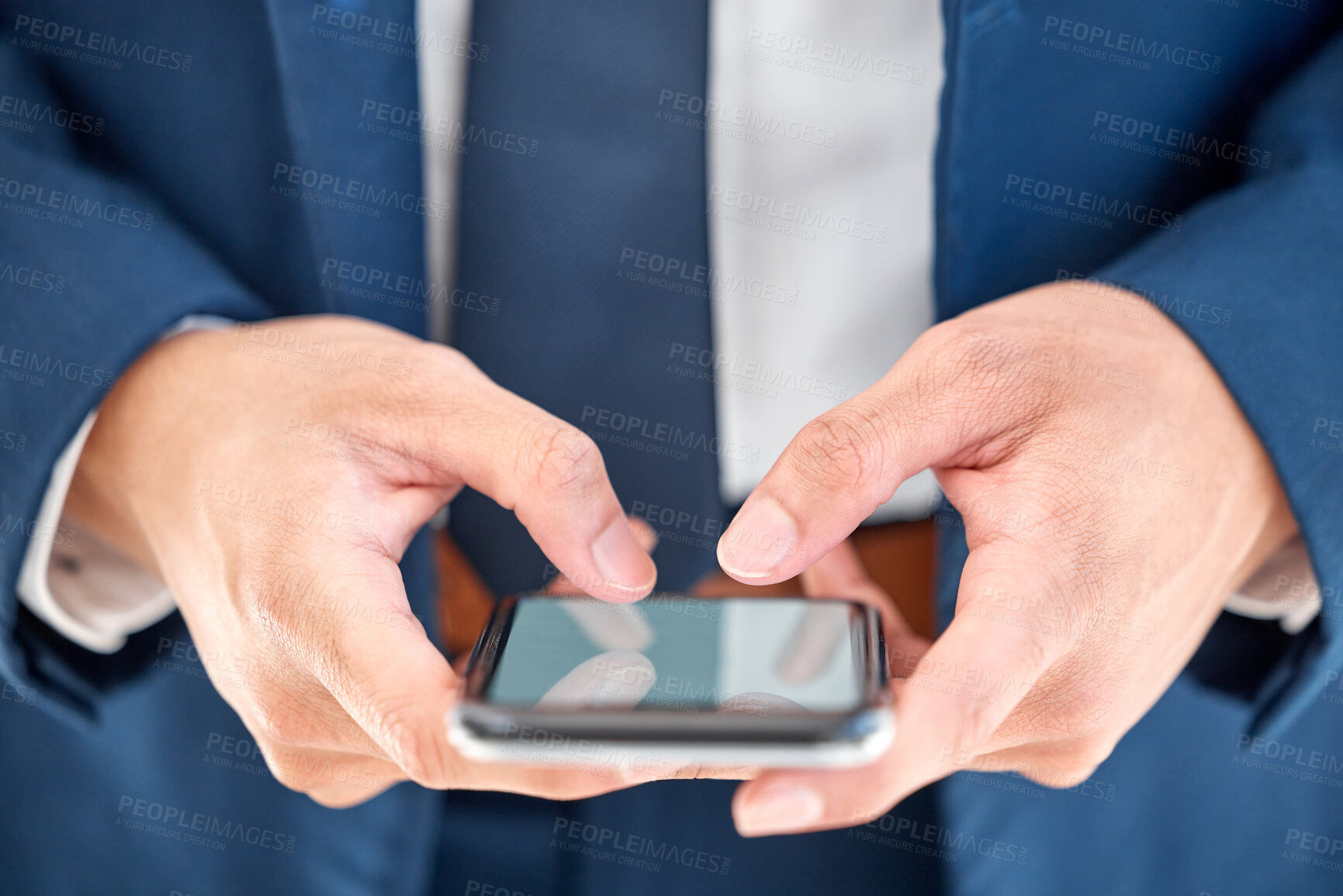 Buy stock photo Hands, business and man with smartphone, screen and internet for social media, trading and investment. Person, closeup and trader with cellphone, tech and digital app for texting, message and contact