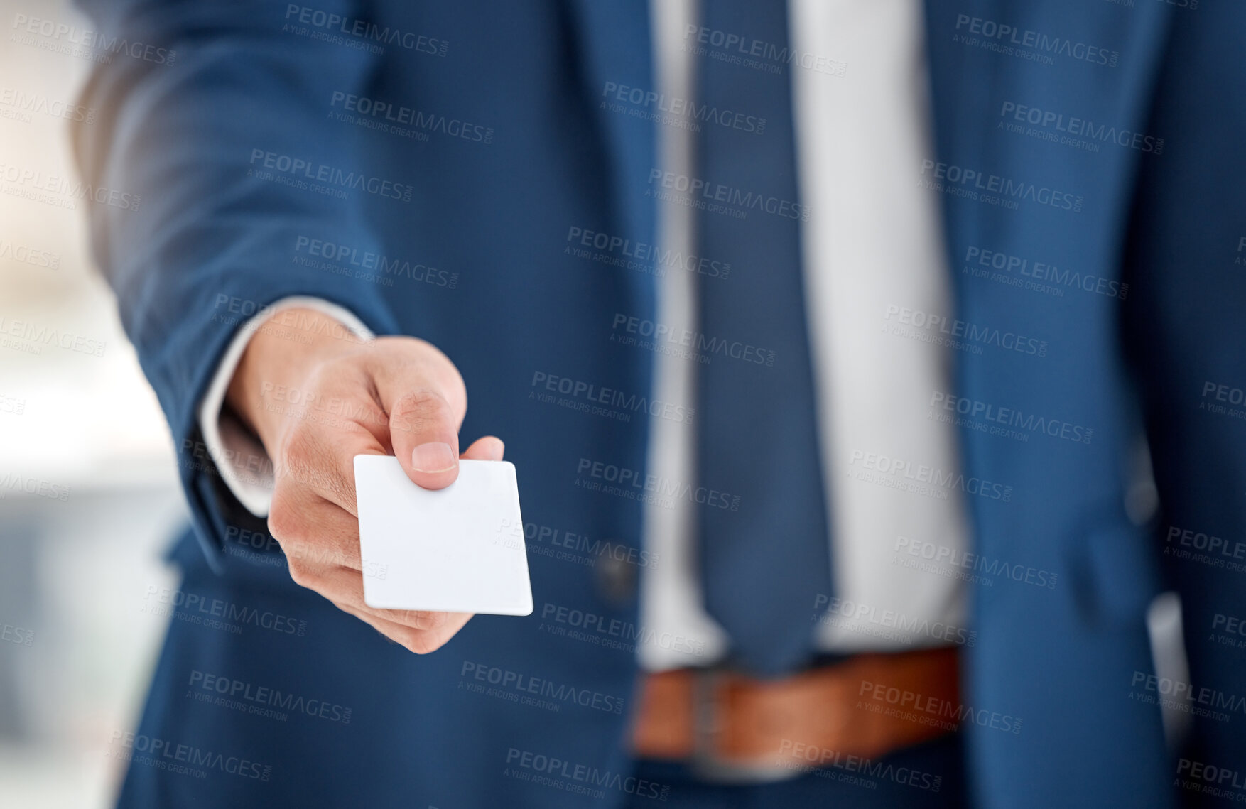 Buy stock photo Hand, offer and man with business card in office for company contact information or referral. Mockup, giving and male person with blank space for paper ticket with career networking or promotion.