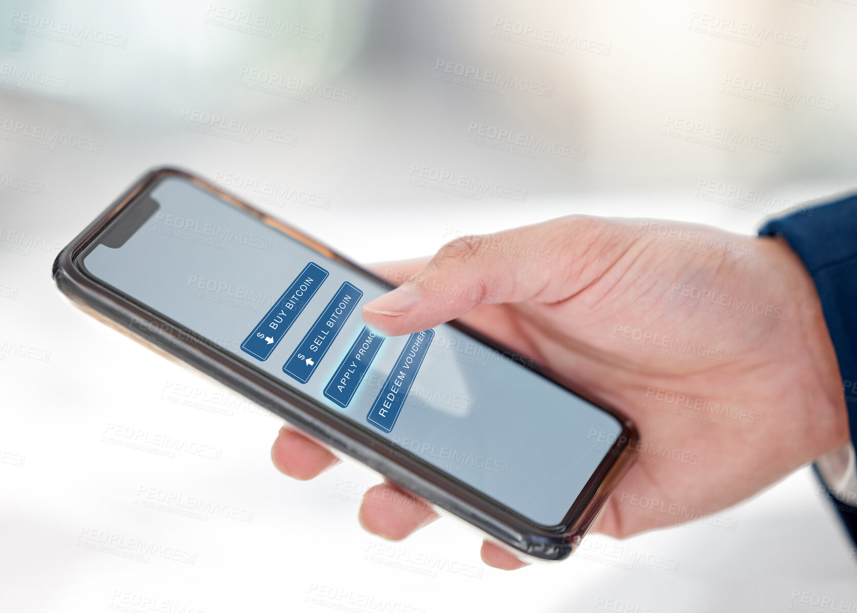 Buy stock photo Hands, business and man with cellphone, screen and internet for trading, cryptocurrency and investment. Person, closeup and trader with smartphone, tech and digital app for stock market and banking