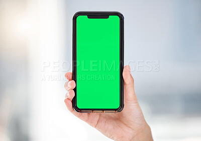 Buy stock photo Business person, hands and phone with green screen for advertising, marketing or digital display at office. Closeup of user or chromakey on mobile smartphone or technology for web on mockup space