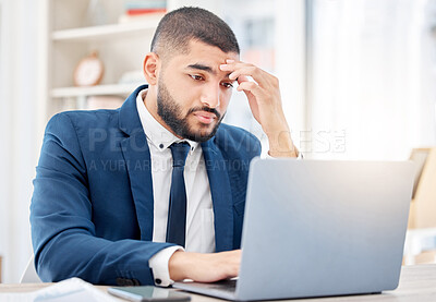 Buy stock photo Stress, businessman and laptop in office for planning, schedule and company email. Technology, anxiety and trader in workplace for strategy, career and online for stock market research and reading