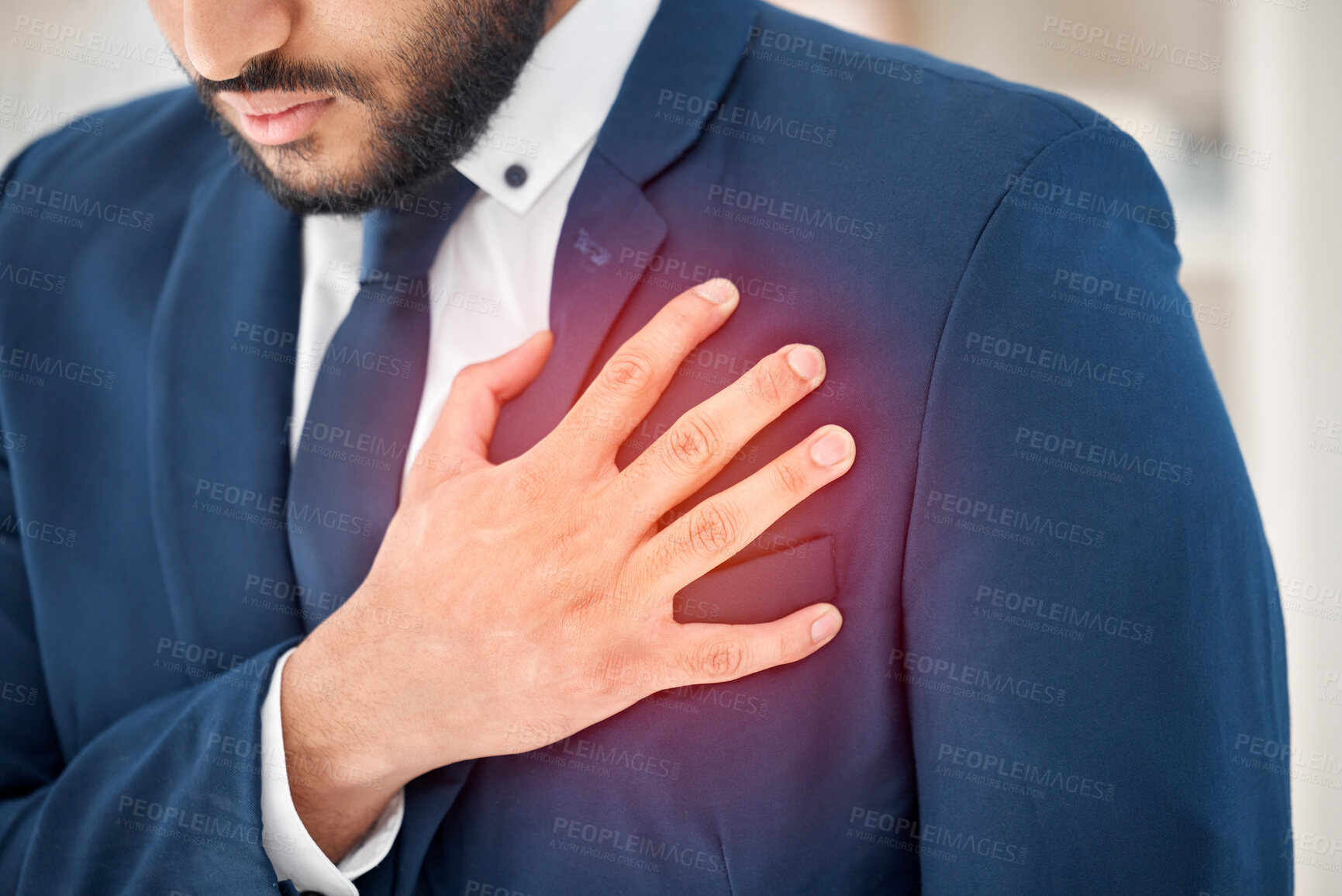 Buy stock photo Hand, chest pain and business man in office with red glow, heart attack and stress in legal career. Person, advocate or attorney with myocarditis, burnout or cardiac arrest for cardiovascular system