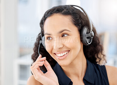 Buy stock photo Woman, thinking and microphone on headset in career, workplace or job as customer service agent. Female person, technology and happy as virtual assistant in online, customer support or cybersecurity