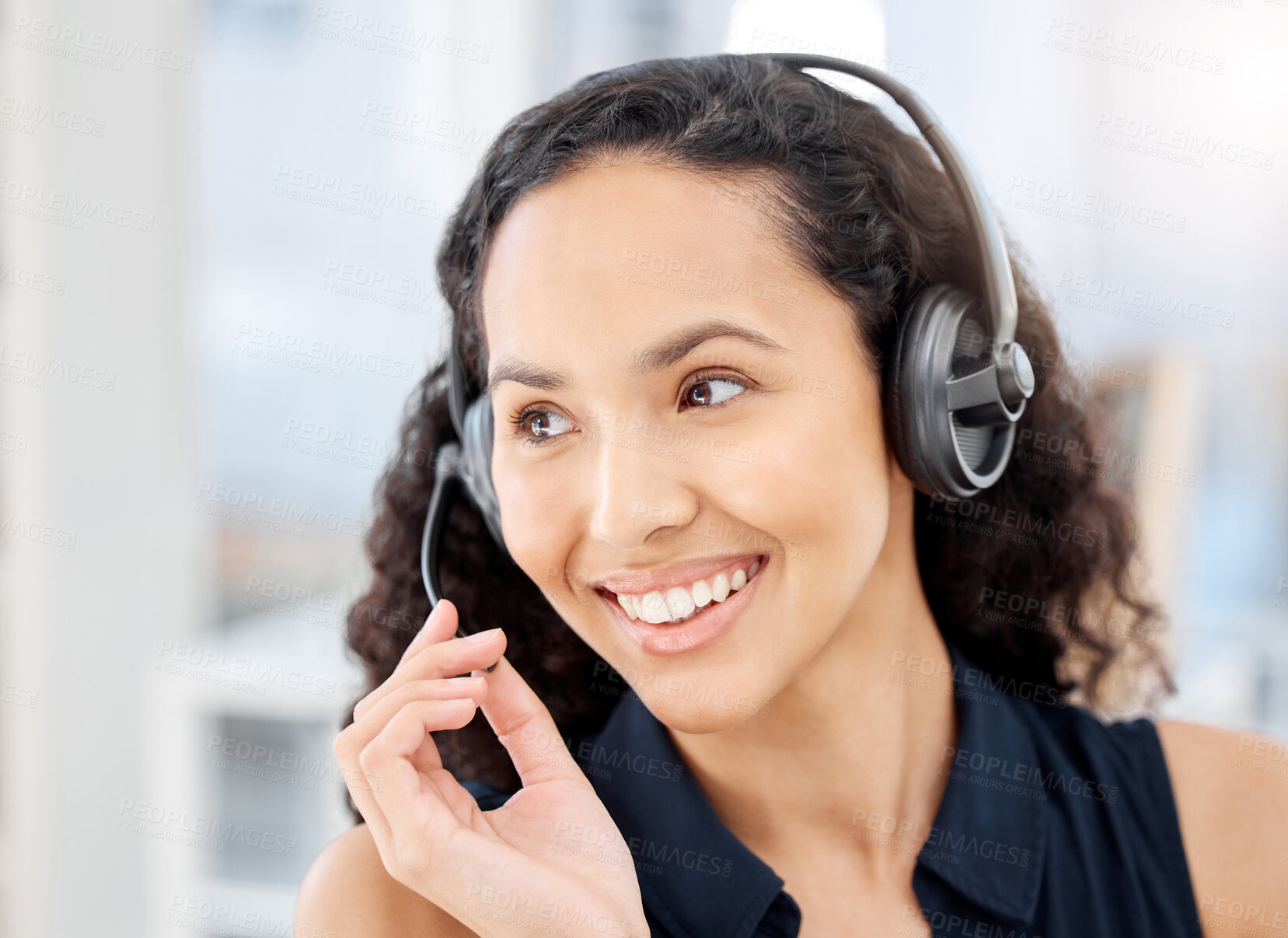 Buy stock photo Woman, thinking and microphone on headset in career, workplace or job as customer service agent. Female person, technology and happy as virtual assistant in online, customer support or cybersecurity