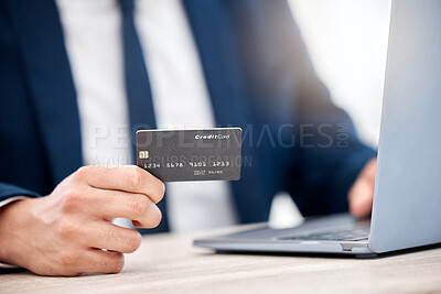 Buy stock photo Businessman, hand and credit card for online shopping in payment, e commerce on laptop for purchase. Male person, banking and investing in retail sale for discount, savings for company or project
