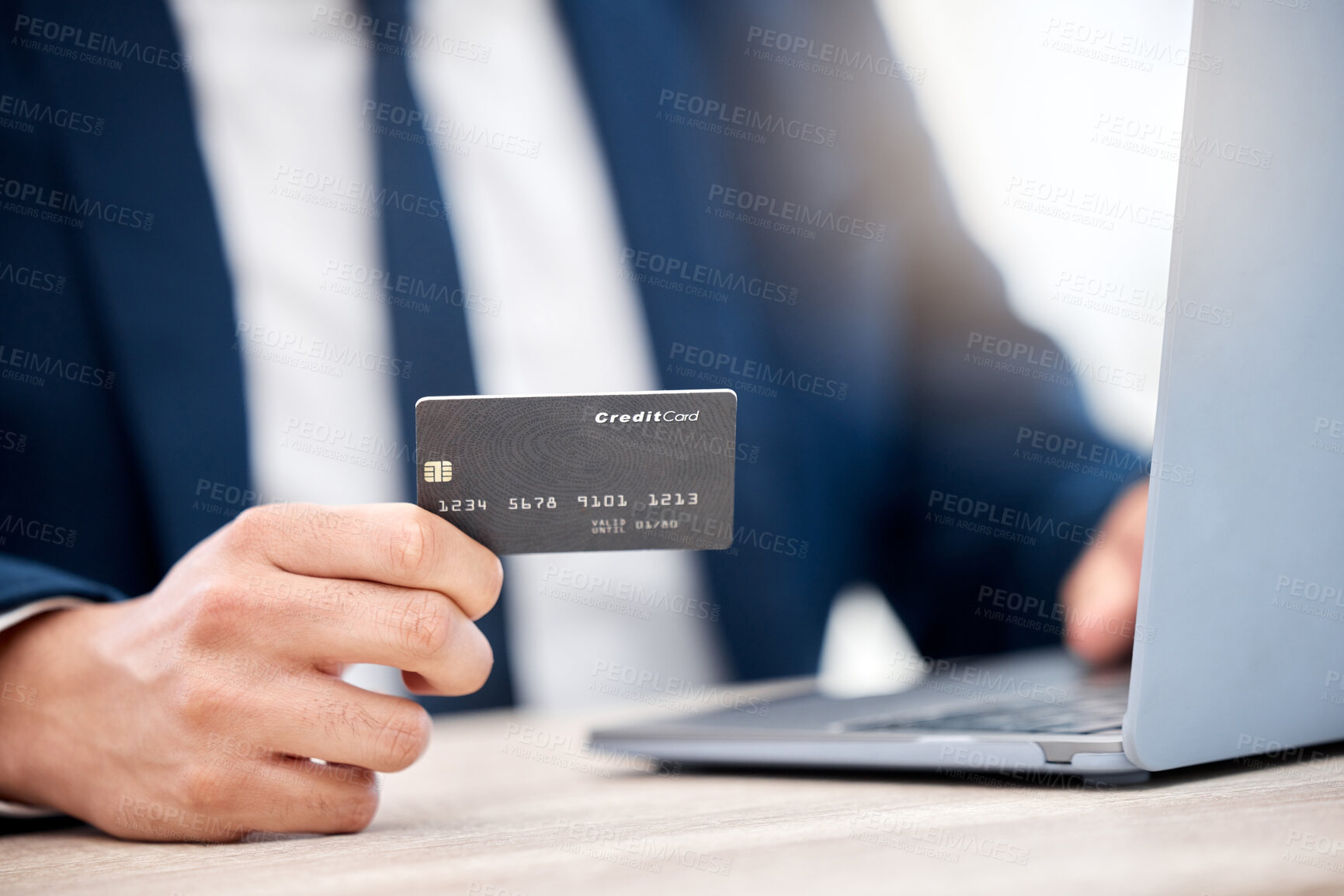 Buy stock photo Businessman, hand and credit card for online shopping in payment, e commerce on laptop for purchase. Male person, banking and investing in retail sale for discount, savings for company or project
