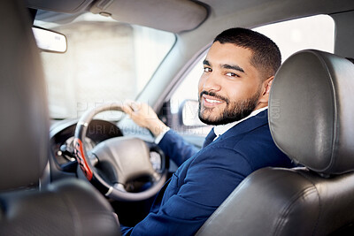 Buy stock photo Portrait, driving and businessman with smile, travel and happy in car, commute and professional for work. Transport, entrepreneur and person in vehicle and confident with steering wheel in morning