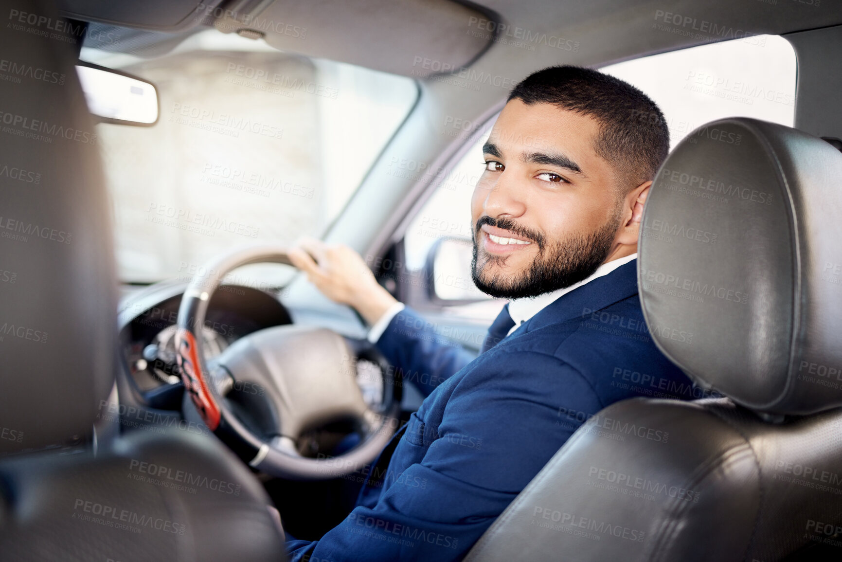 Buy stock photo Portrait, driving and businessman with smile, travel and happy in car, commute and professional for work. Transport, entrepreneur and person in vehicle and confident with steering wheel in morning