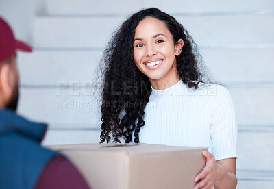 Buy stock photo Delivery, portrait and happy woman at home with package, customer service and ecommerce at steps. Online shopping, female client and satisfied with parcel outside for collection, supply and courier