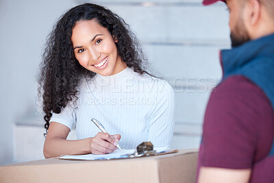 Buy stock photo Portrait, delivery and happy woman at home with sign, customer service or ecommerce at steps. Online shopping, female client or clipboard with parcel by male courier for collection, supply or courier