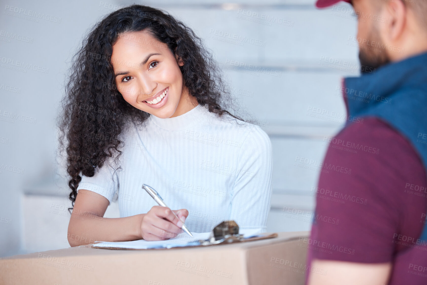 Buy stock photo Portrait, delivery and happy woman at home with sign, customer service or ecommerce at steps. Online shopping, female client or clipboard with parcel by male courier for collection, supply or courier