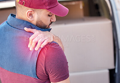 Buy stock photo Man, delivery and shoulder injury with boxes for pain, accident or emergency from parcel, packages or cargo. Male person or courier guy with red glow for sore muscle, ache or inflammation by vehicle