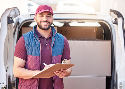 Buy stock photo Happy man, portrait and clipboard with box for delivery, courier service or package transportation. Young male person with smile in logistics for parcel checklist, ecommerce or online shopping orders