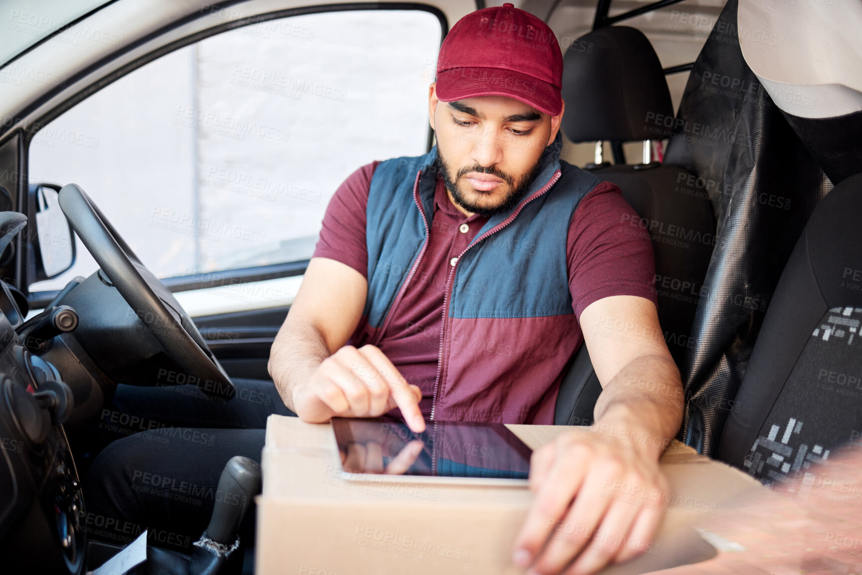 Buy stock photo Man, van and check with tablet for delivery, customer service or package in logistics on box. Male person or courier guy filling in form or digital signature for vehicle, ecommerce or online order