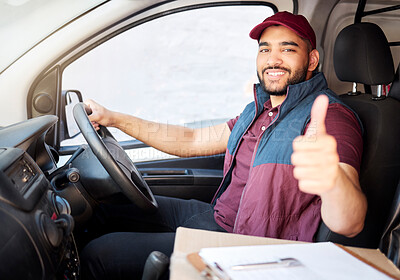 Buy stock photo Happy man, portrait and van with thumbs up for delivery, customer service or package in transit. Male person or courier guy with smile, like emoji or yes sign for vehicle, ecommerce or online order