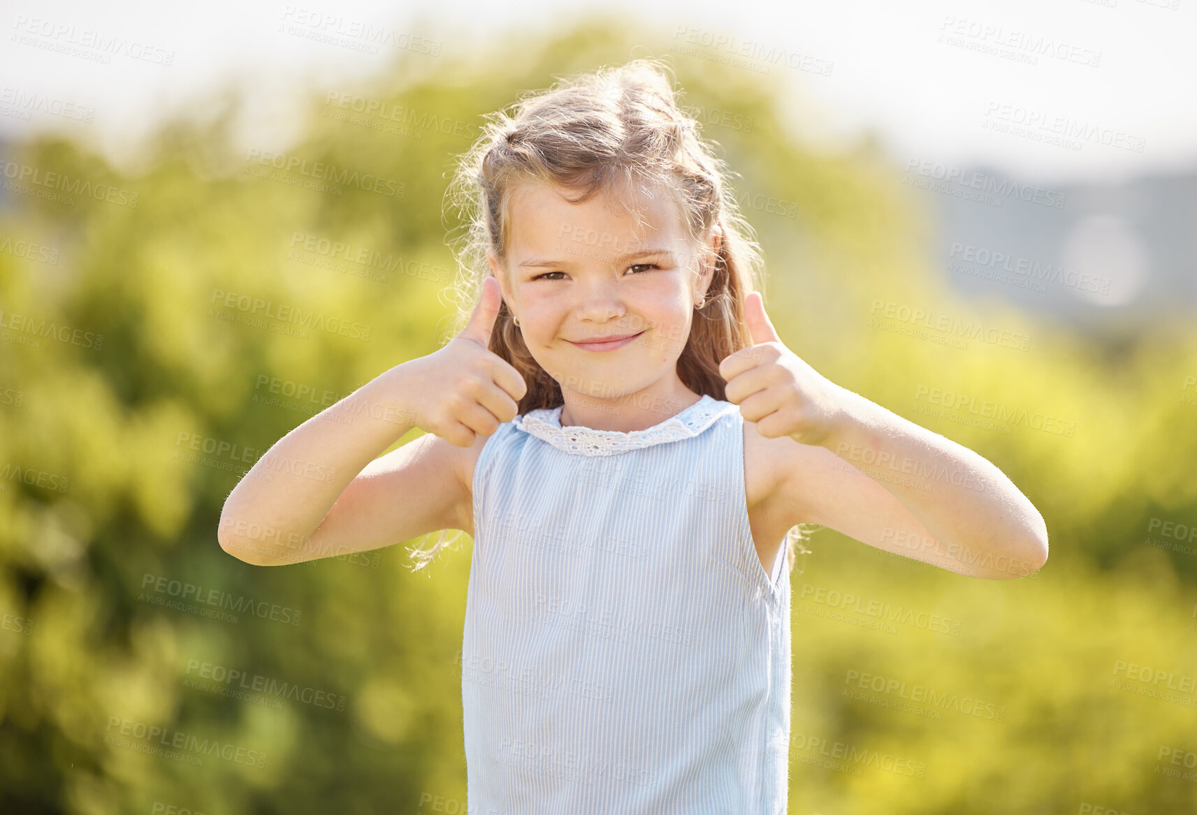 Buy stock photo Happy girl, portrait and park with thumbs up for holiday, weekend or winning in nature. Young, female person or child and kid with smile, like emoji or yes sign for great, amazing or good review