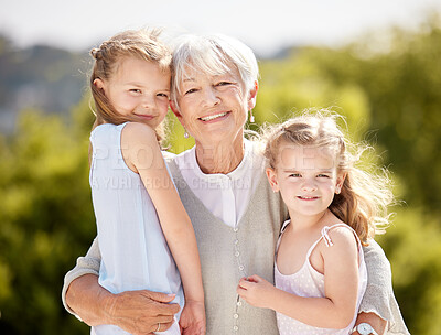 Buy stock photo Hug, nature and portrait of children with grandma for bonding, relationship and relax together on weekend. Family, happy and grandmother with young girls outdoors for playing, fun and embrace in park