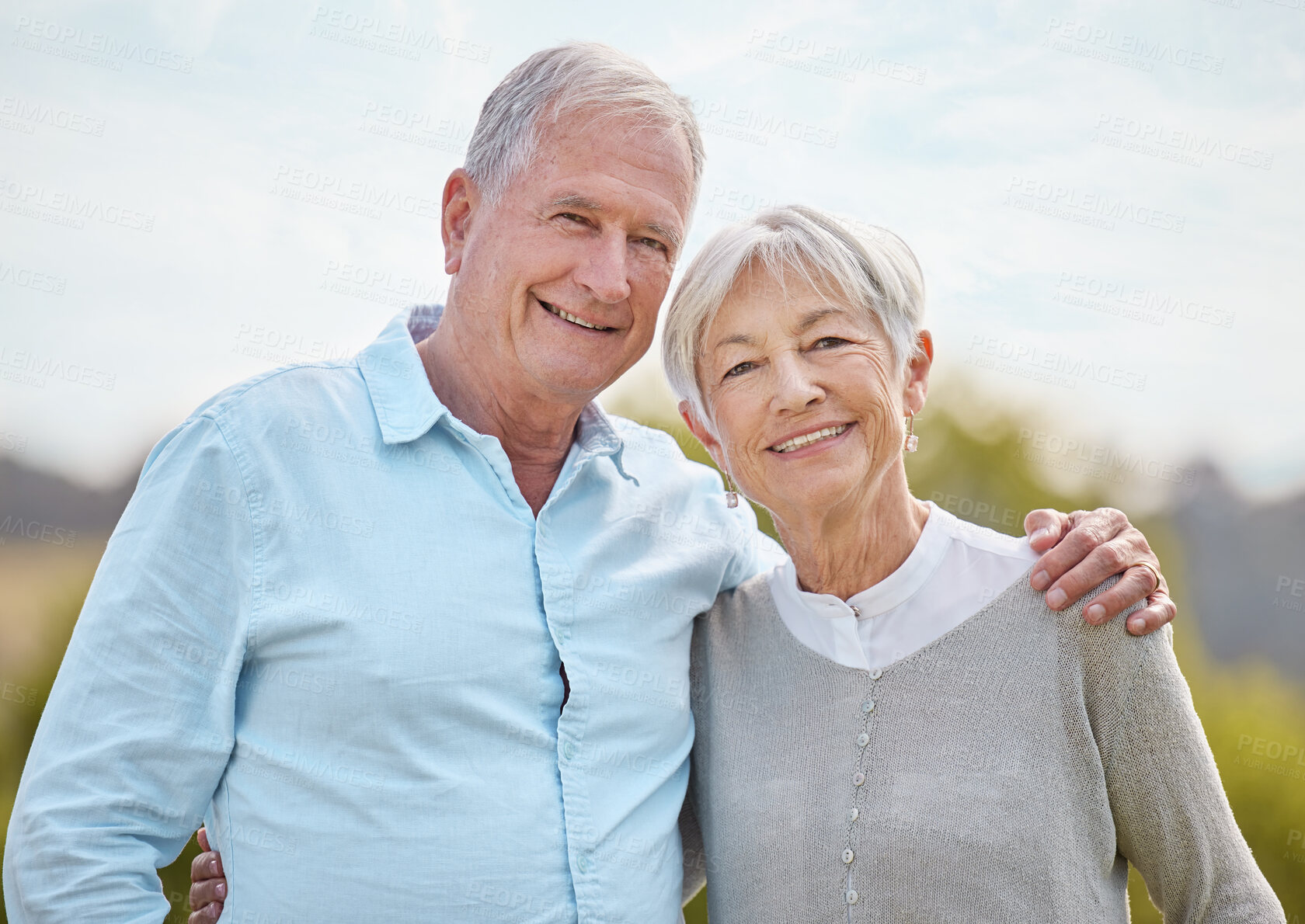 Buy stock photo Smile, nature and portrait of senior couple hugging on romantic date outdoor in park with care. Love, happy and elderly man and woman in garden for retirement weekend trip or vacation in Australia.