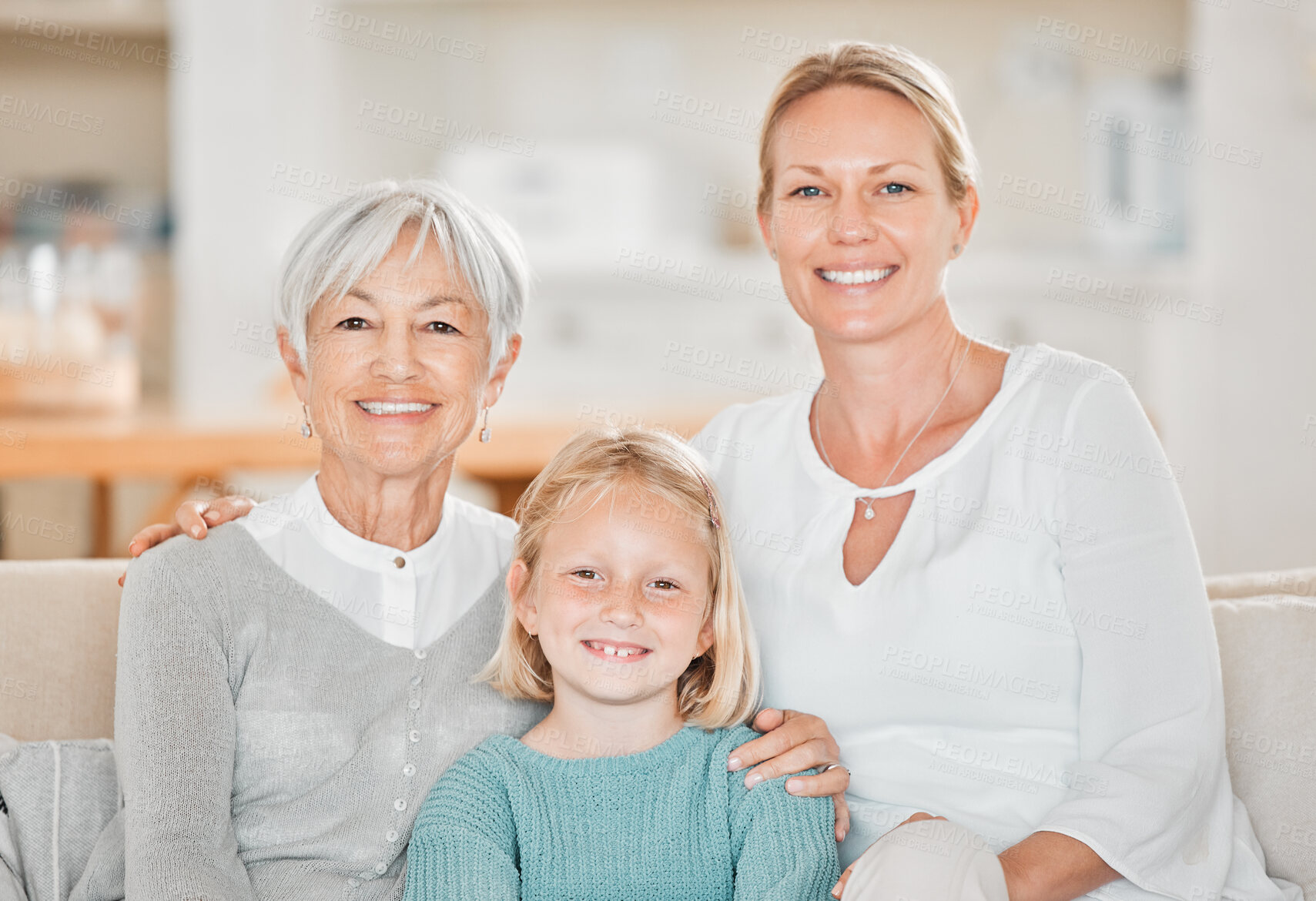 Buy stock photo Happy family, senior woman and child in portrait with love, positive and care for bonding in home. Grandmother, daughter and kid in living room together for support, connection and affection in house