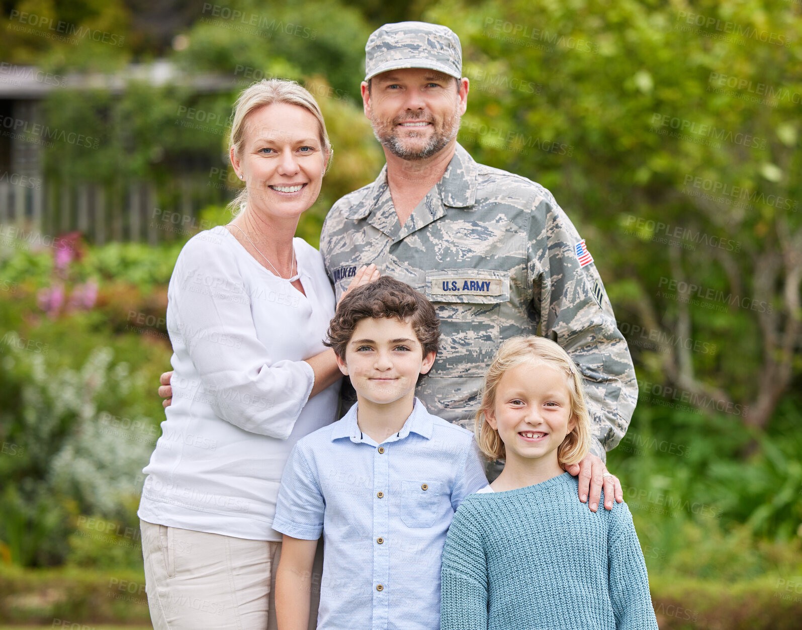 Buy stock photo Portrait, family and man as soldier outdoor for return home, military welcome and reunion from army service. Parents, children and embrace with hero from war, bonding together and warrior safety 