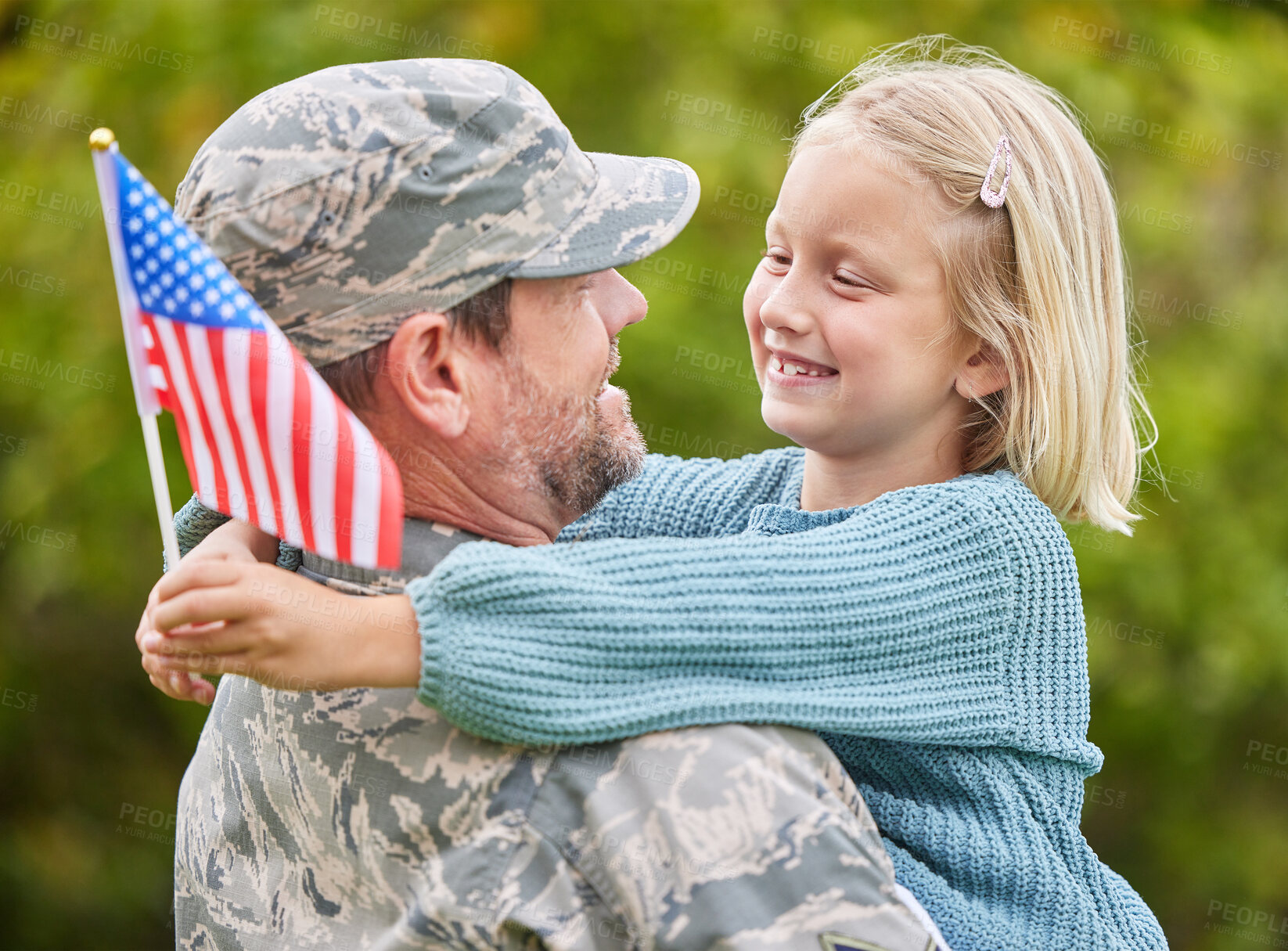 Buy stock photo Flag, military or smile with father and daughter in garden of home together for return from war. Army, family or patriotism with man parent and girl child outdoor in USA for bonding, love or support