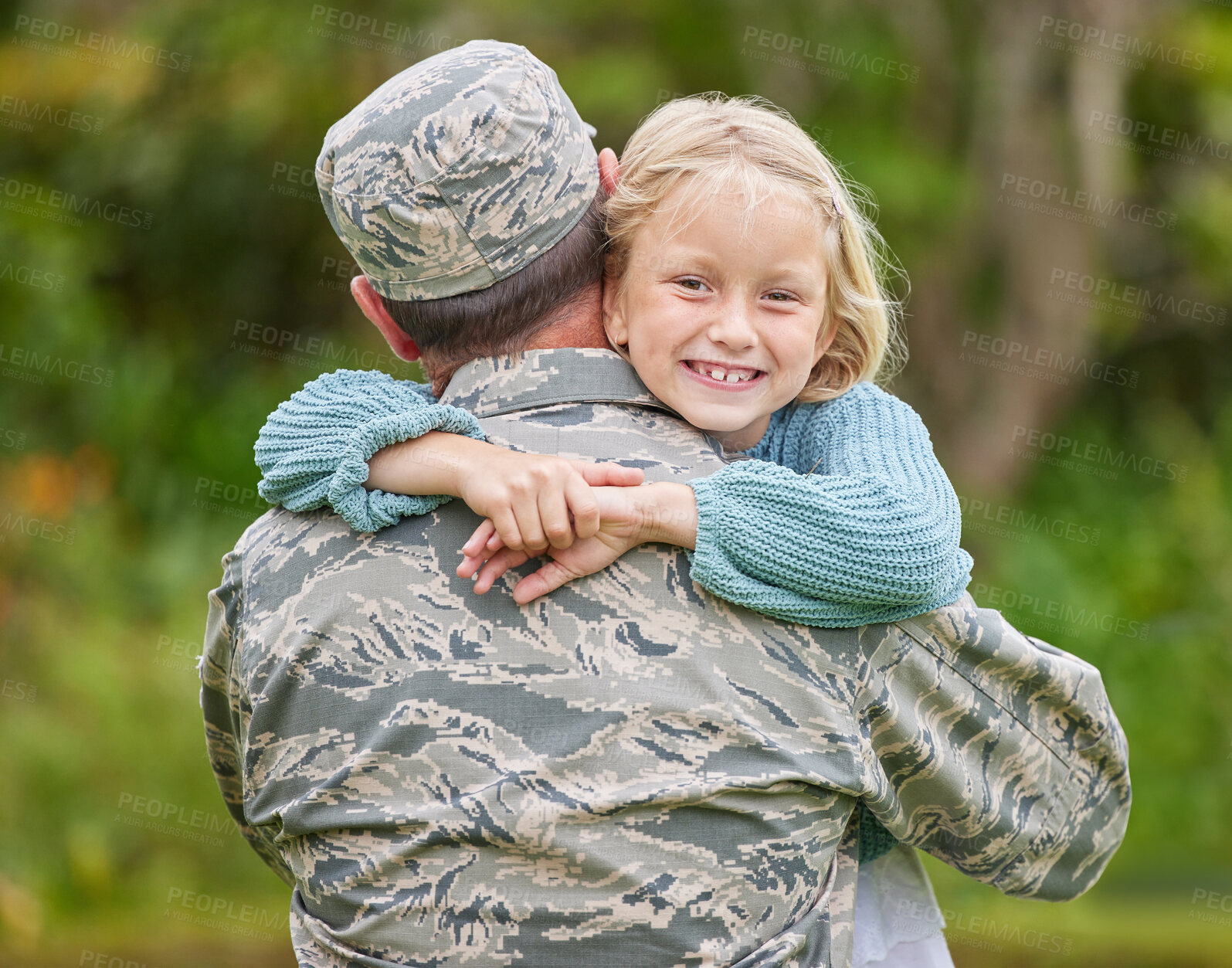 Buy stock photo Army, hug or portrait with father and daughter in garden of home together for return from war. Family, smile or uniform with man parent and girl child outdoor in USA for bonding, safety or support