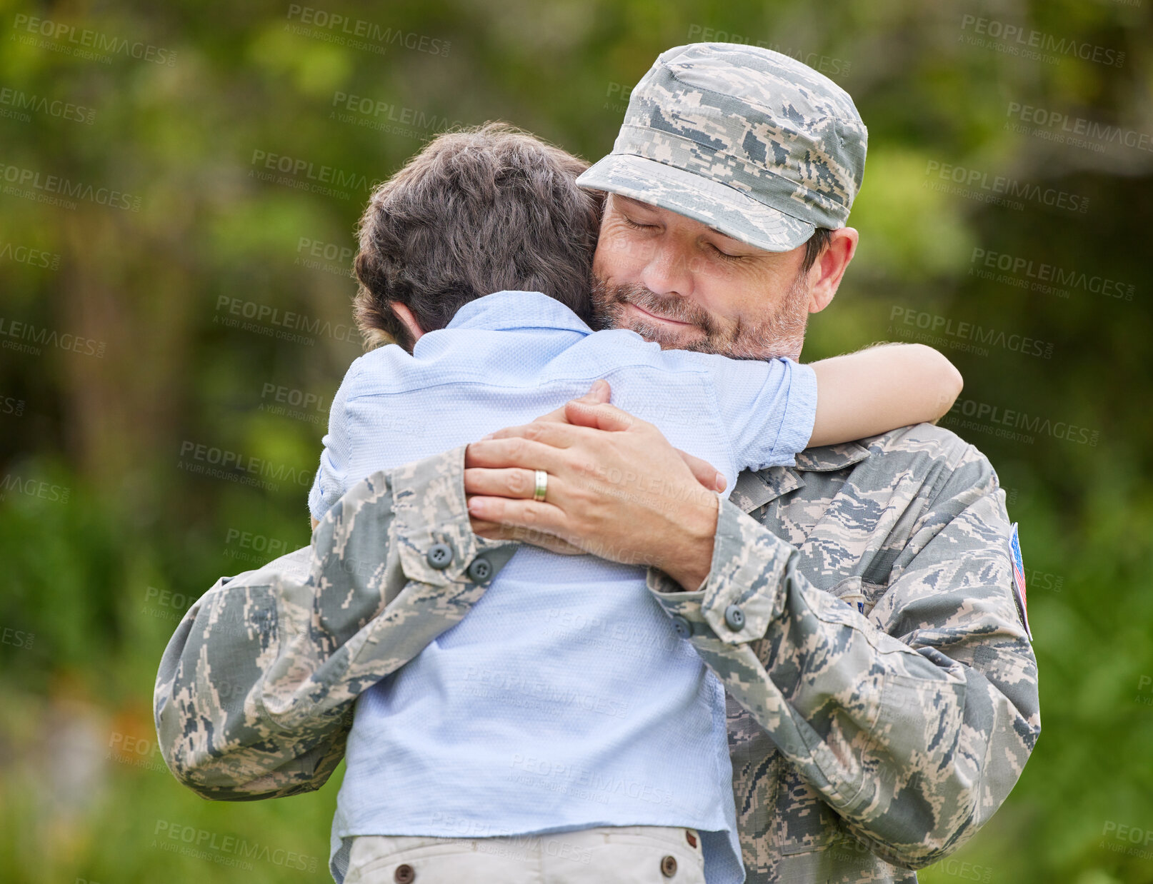 Buy stock photo Man, soldier and embrace son outdoor for return home, military welcome and reunion from army service. Father, child and hug with hero from war, bonding together and warrior safety for childhood love