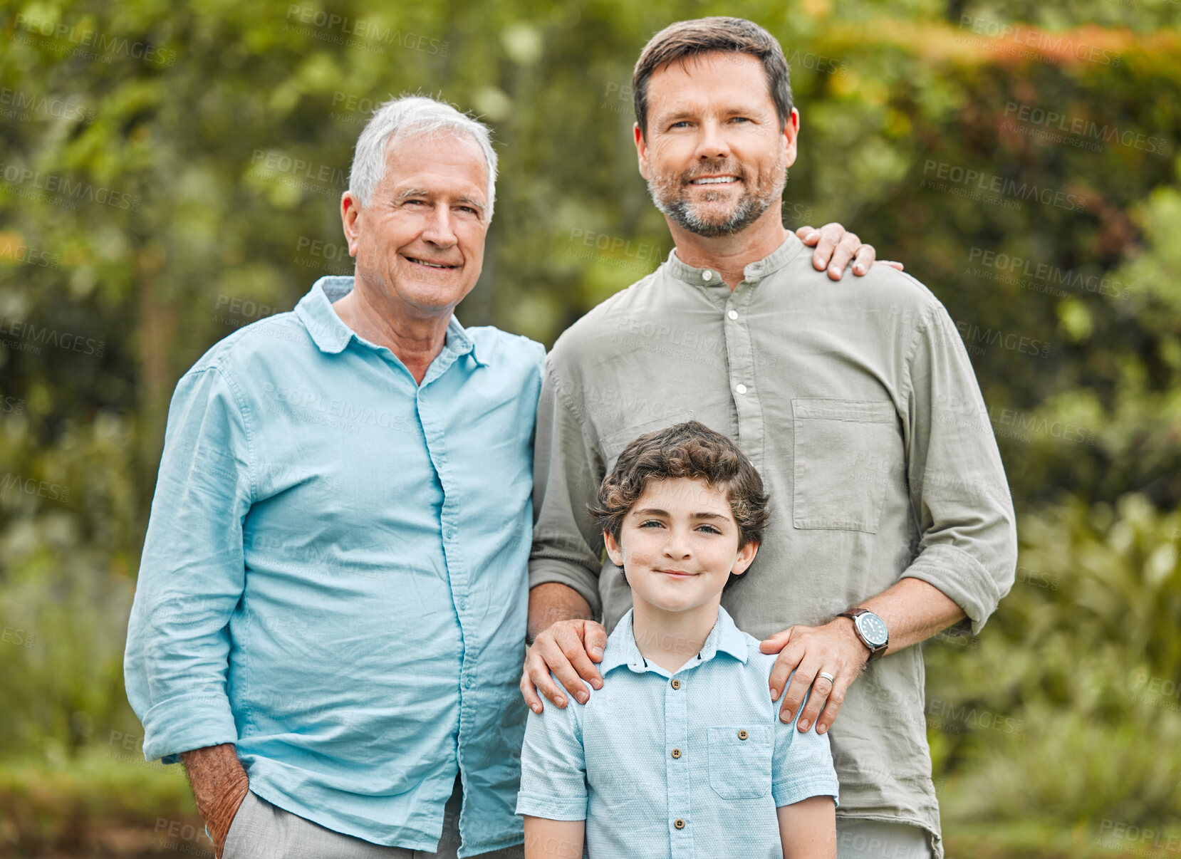 Buy stock photo Portrait, dad and boy in nature with grandfather, smile and trust in park and happy family together. Proud men, grandpa or parent in Australia with love, care or male kid on outdoor holiday vacation