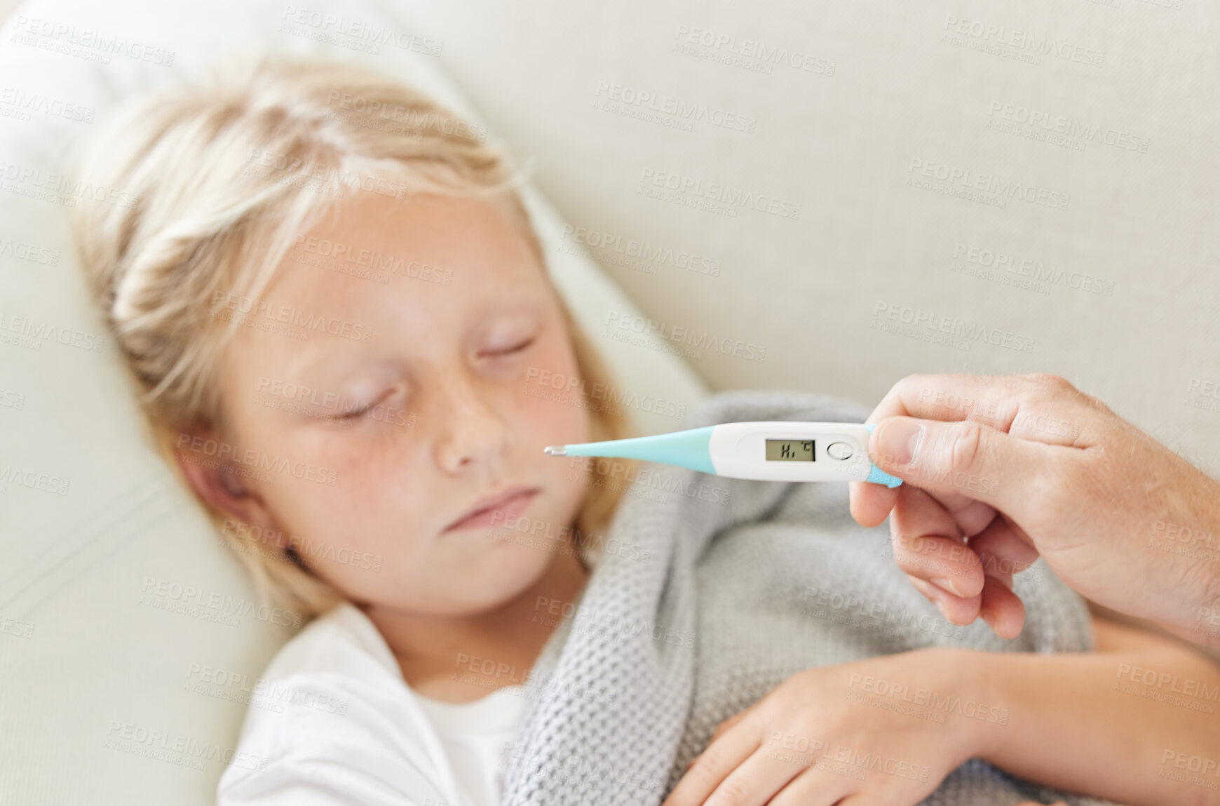 Buy stock photo Parents, child and thermometer for symptoms, fever and cold virus in living room with concern or care. Woman, daughter and sick in home with temperature, check and wellness for medical advice or help