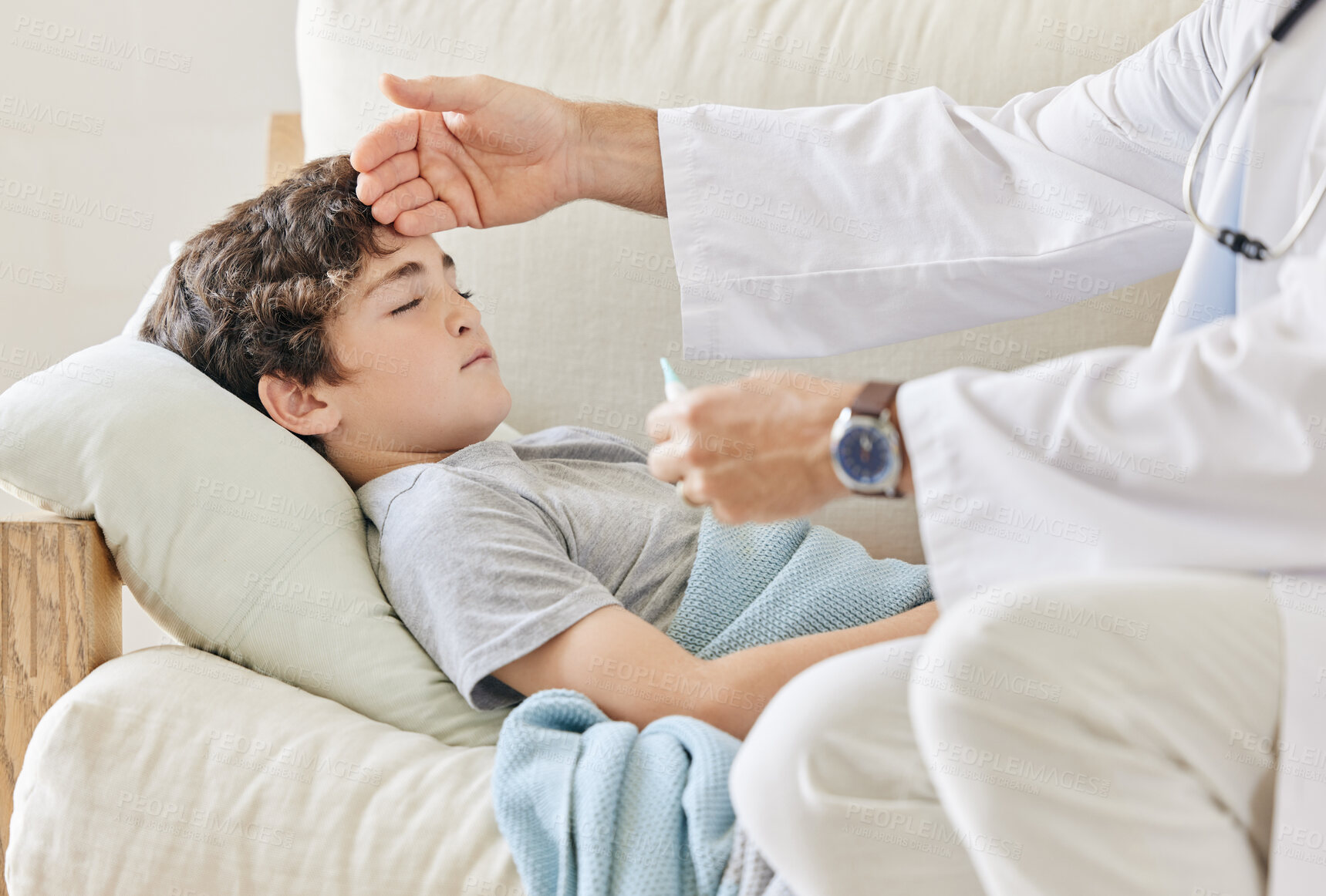 Buy stock photo Child, male person and doctor with thermometer, consulting service and medical appointment as kid. Boy, pediatrician and hand on forehead for wellness, checkup or healthcare treatment in consultation