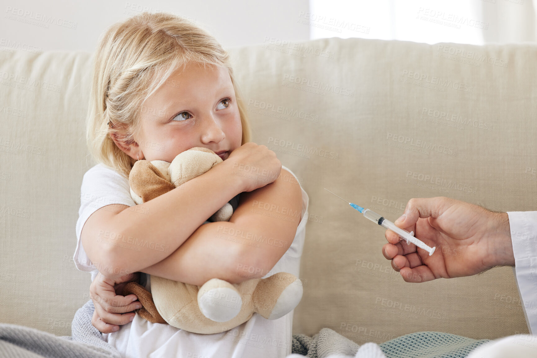 Buy stock photo Child, doctor and scared in house for vaccine, wellness and healthcare treatment with needle. Girl, injection and pediatrician as patient for consultation, medicine and service as medical appointment