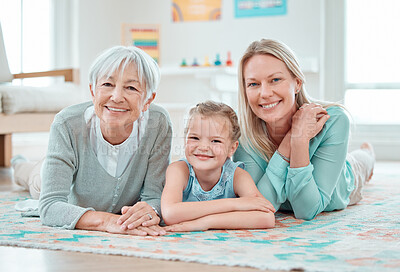 Buy stock photo Mother, grandma and girl with portrait for bonding, development and support with relax in home. Mom, daughter and grandmother with face for happy family, generations and comfort on weekend with love