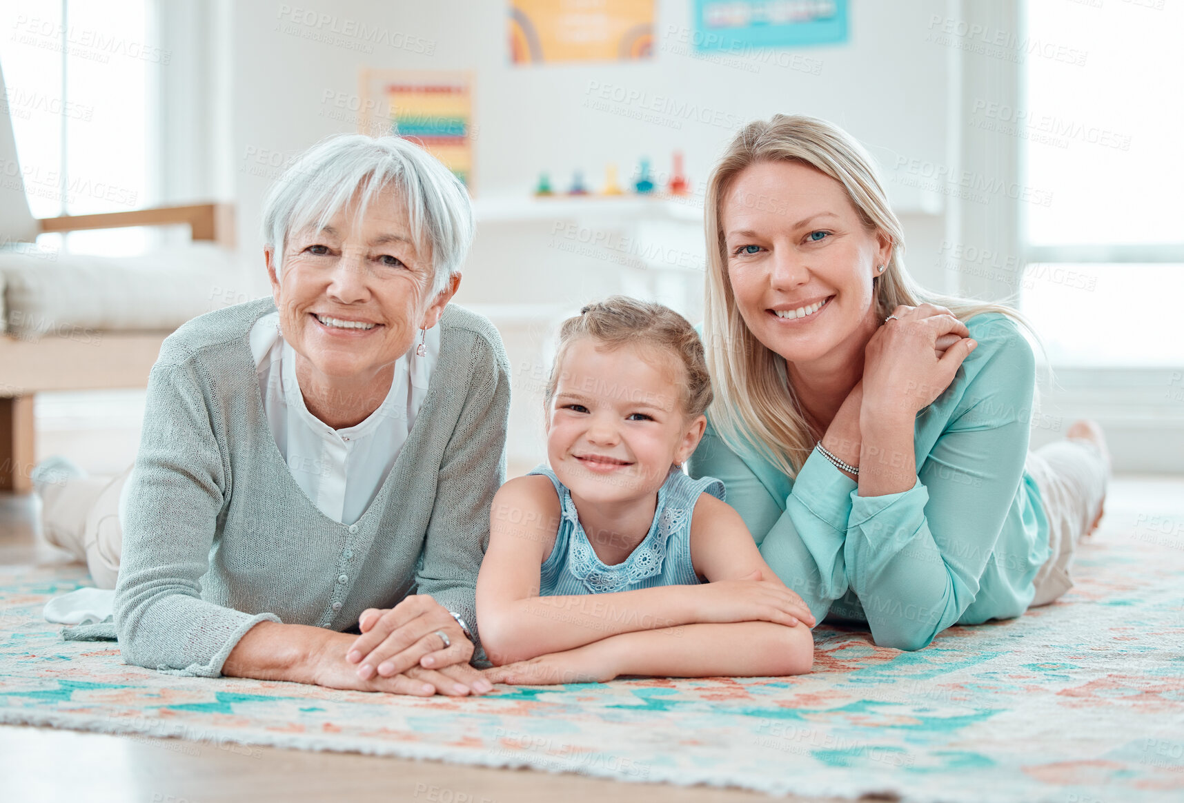 Buy stock photo Mother, grandma and girl with portrait for bonding, development and support with relax in home. Mom, daughter and grandmother with face for happy family, generations and comfort on weekend with love