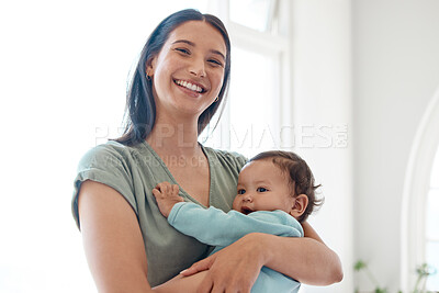 Buy stock photo Mother, baby and happy portrait in home for love, care and quality time together for trust, growth and development. Mom, infant and holding newborn girl, kid and support of happiness in nursery room