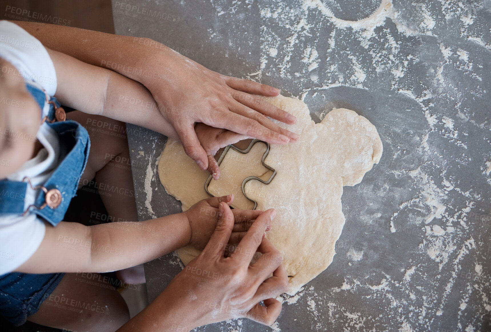 Buy stock photo Above, mom or hands of child baking with dough, lesson or food for learning or helping in home. Single parent, cutter or mother teaching kid cooking skills for development, dessert or breakfast meal